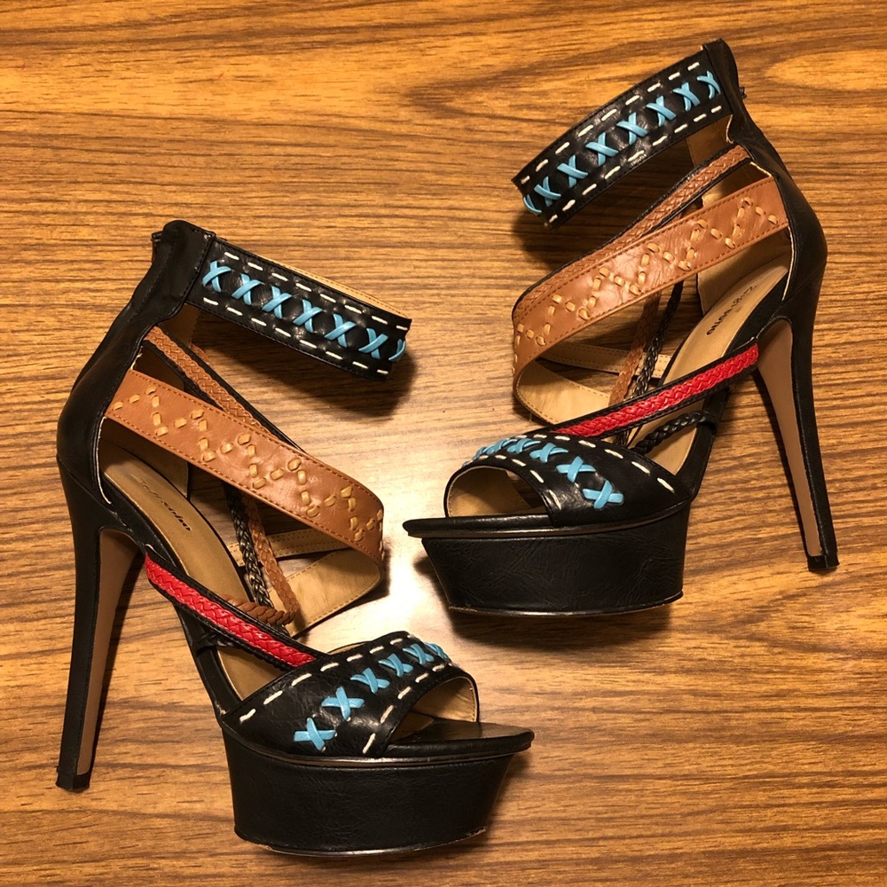 Hot Strappy Heels with Red, Teal, Tan and Black